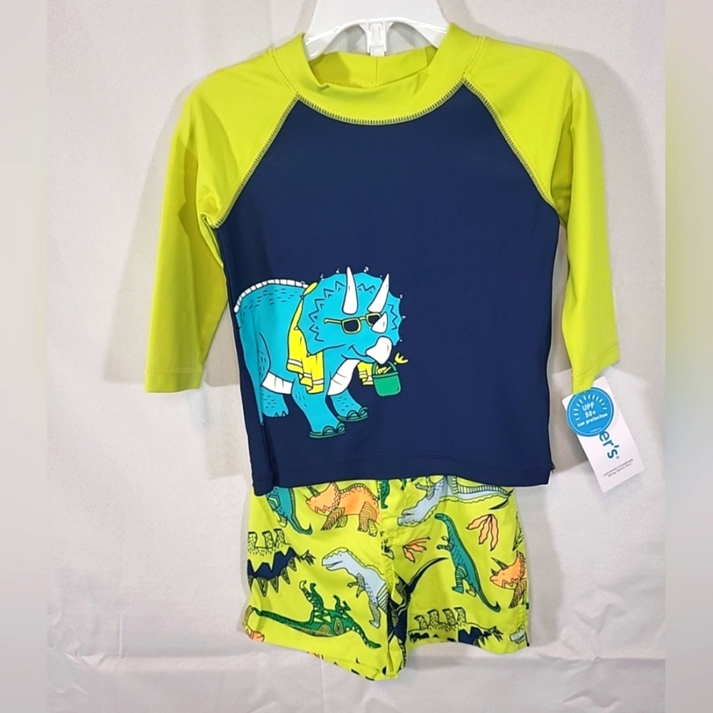 Baby Boys 9M Swim Shorts & Rashgaurd Dinosaur Set YELLOW Carters UPF 50+ Beach